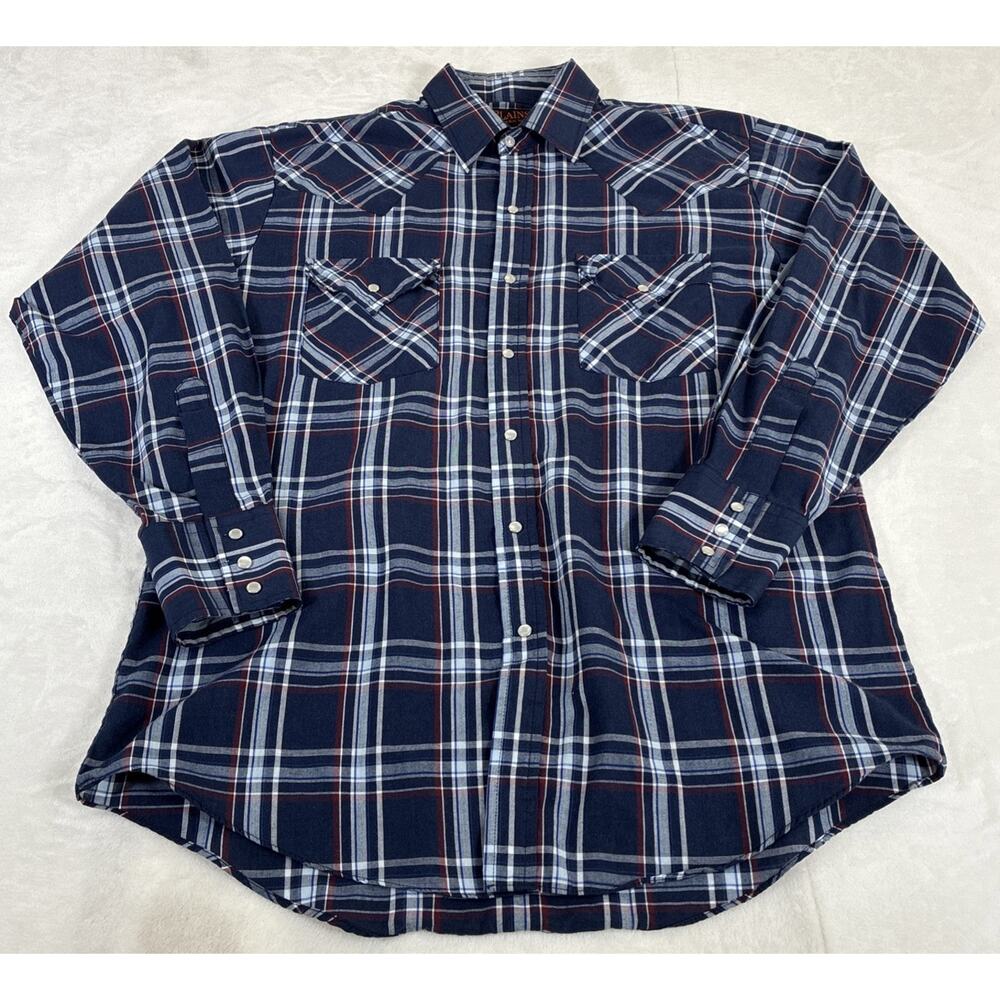 Plains Western Wear Pearl Snap Shirt Men's Med. Blue Plaid Cowboy Ranchware